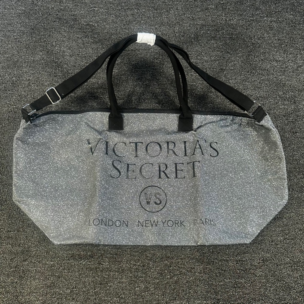 Victoria's Secret Duffle Bag Women OS Silver Good Glitter Logo Travel Tote